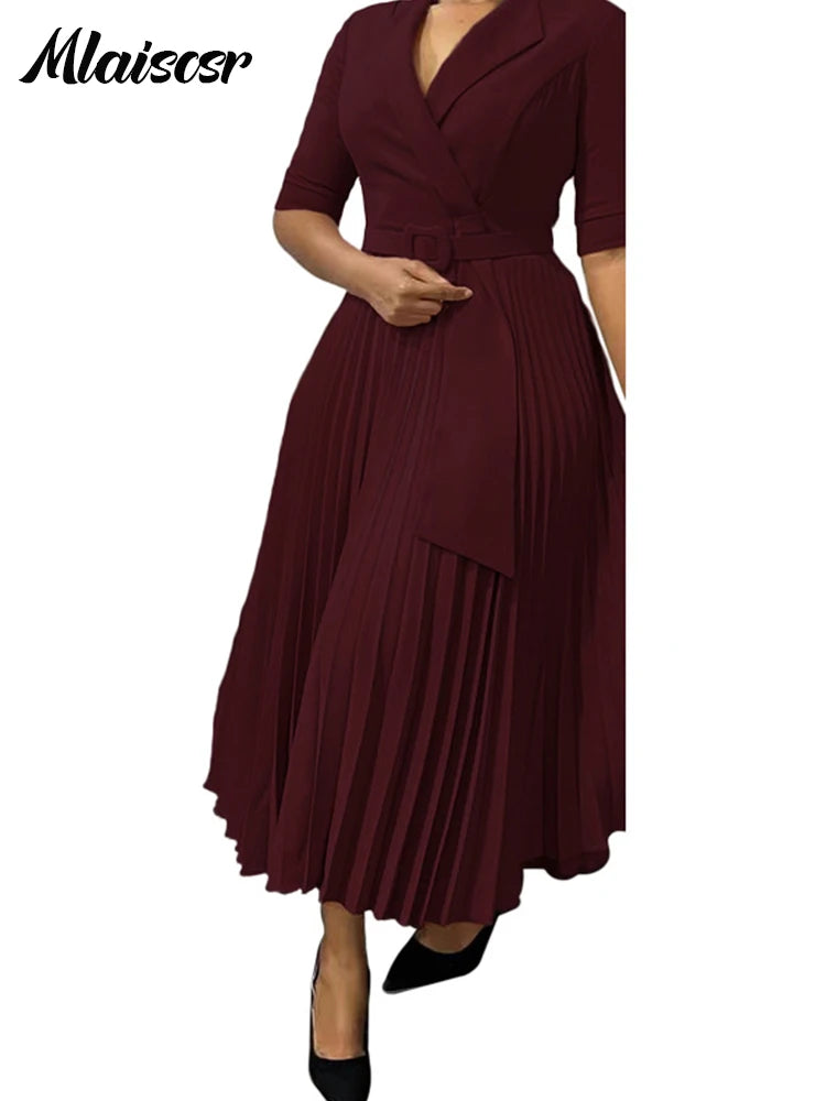 African Pleated A-Line Dress for Women – V-Neck High-Waist Office Dress with Belt