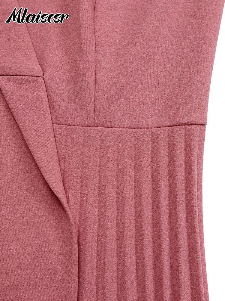 African Pleated A-Line Dress for Women – V-Neck High-Waist Office Dress with Belt