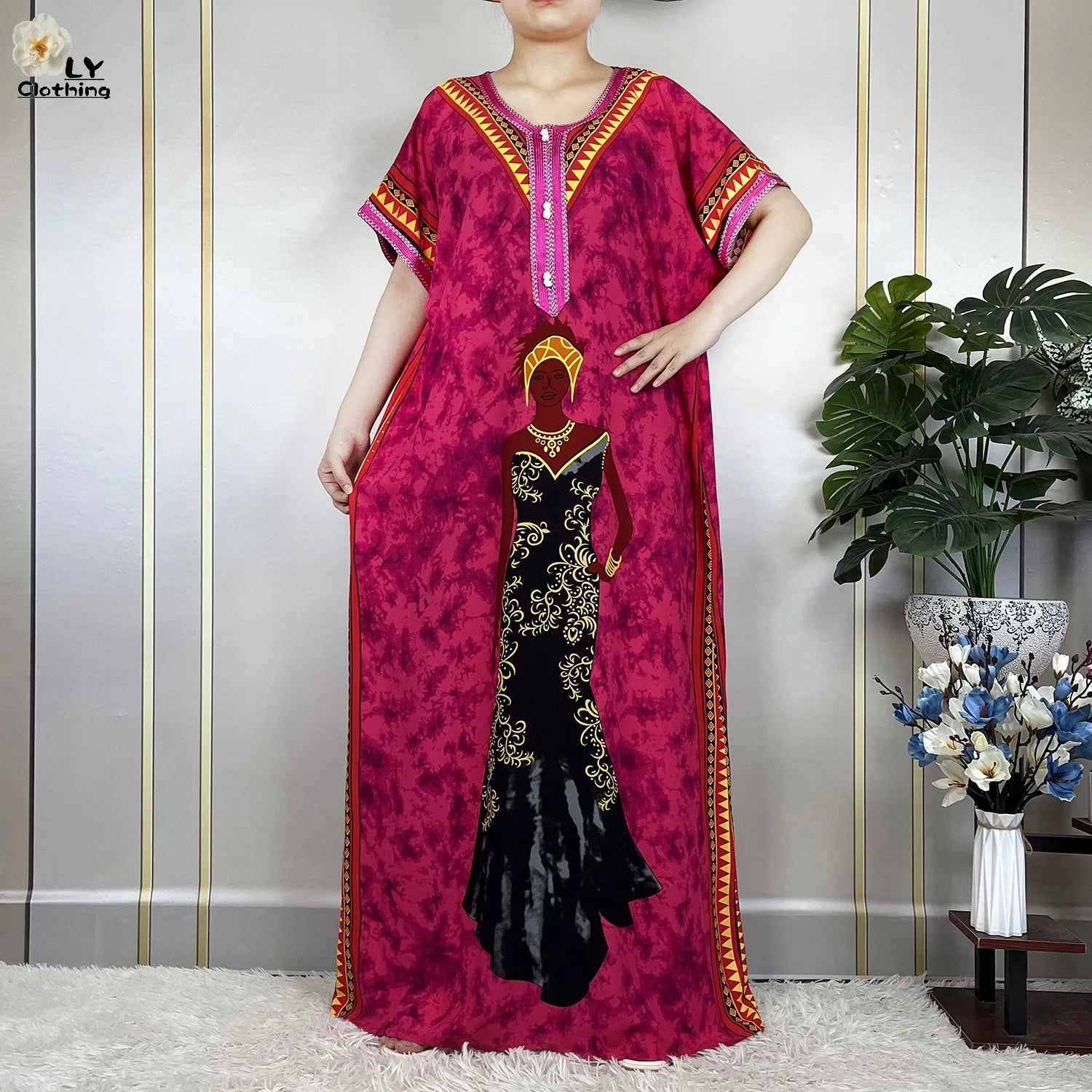 Elegant African Style Cotton Abaya Dress for Women with Patterned Print - Loose Fit Short Sleeve Muslim Rob