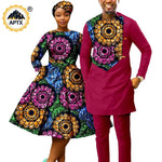 African Print Couples Clothing – Women’s Dress with Headwrap and Men’s Patchwork Top and Pants - Free Delivery Worldwide