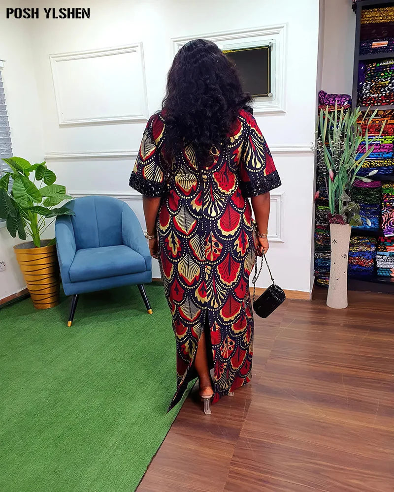 Buy Luxury African Long Gown – Sequin Embellished Caftan Dress with Floral Print and Slit for only $61.49 at Flexi Africa!