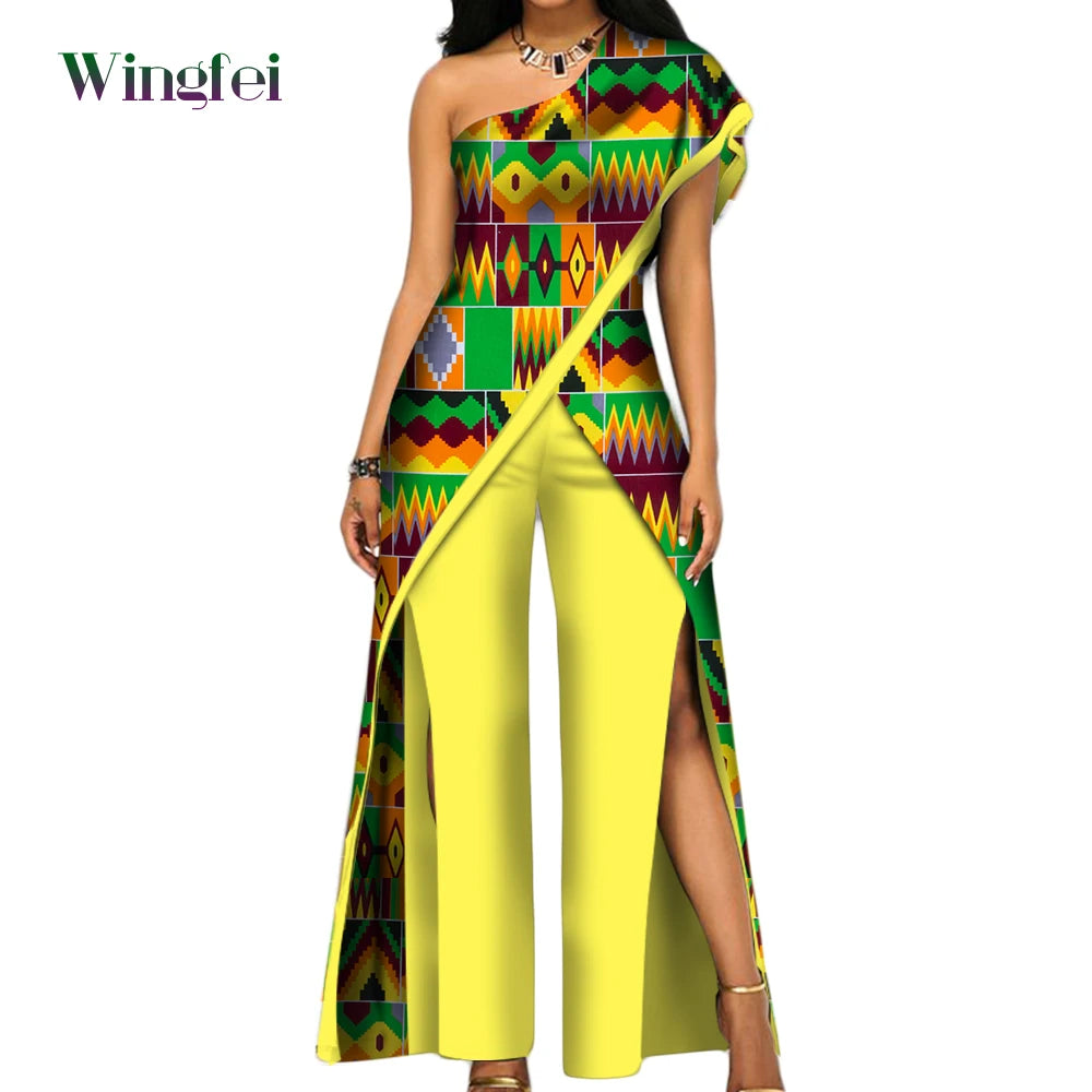 2PC African Women’s Ankara Pant Set – Stylish Off-Shoulder Top and Trousers