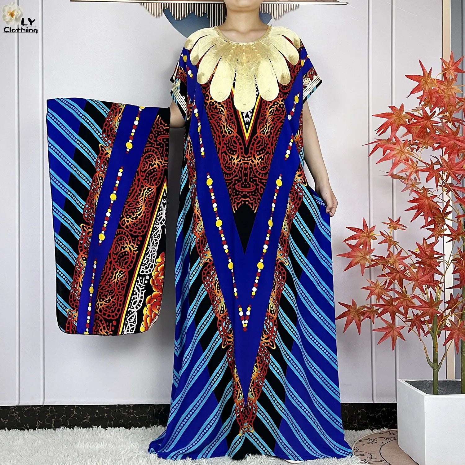 Elegant African Style Cotton Abaya Dress for Women with Patterned Print - Loose Fit Short Sleeve Muslim Rob