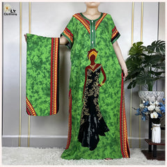 Elegant African Style Cotton Abaya Dress for Women with Patterned Print - Loose Fit Short Sleeve Muslim Rob