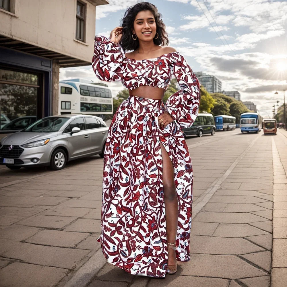 Buy African National Style Women’s Set – Off-Shoulder Long Sleeve Top & Split Maxi Skirt for only $19.02 at Flexi Africa!