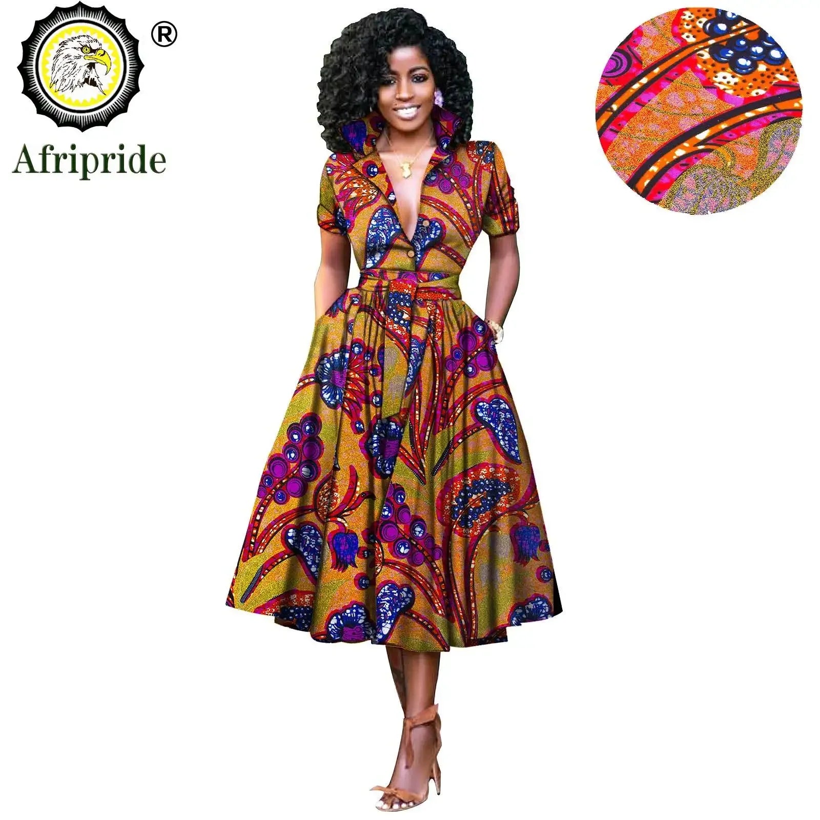 African Women’s Dress – Elegant V-Neck Short Sleeve High-Waist Formal Dress