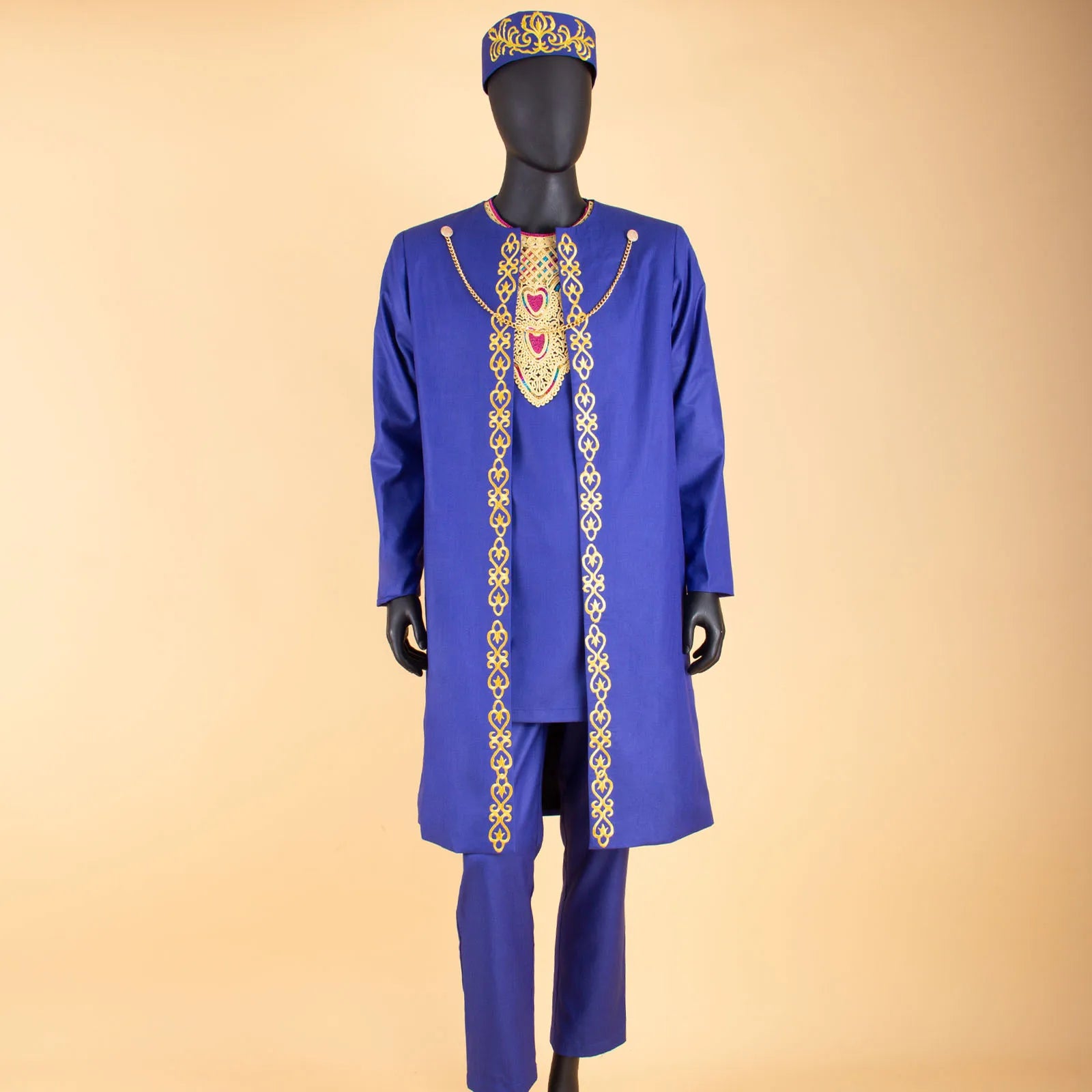 African Clothes for Men – Agbada Robe Embroidery Shirt, Pants, Hat 4PC Set with Chain - Free Delivery only at Flexi Africa