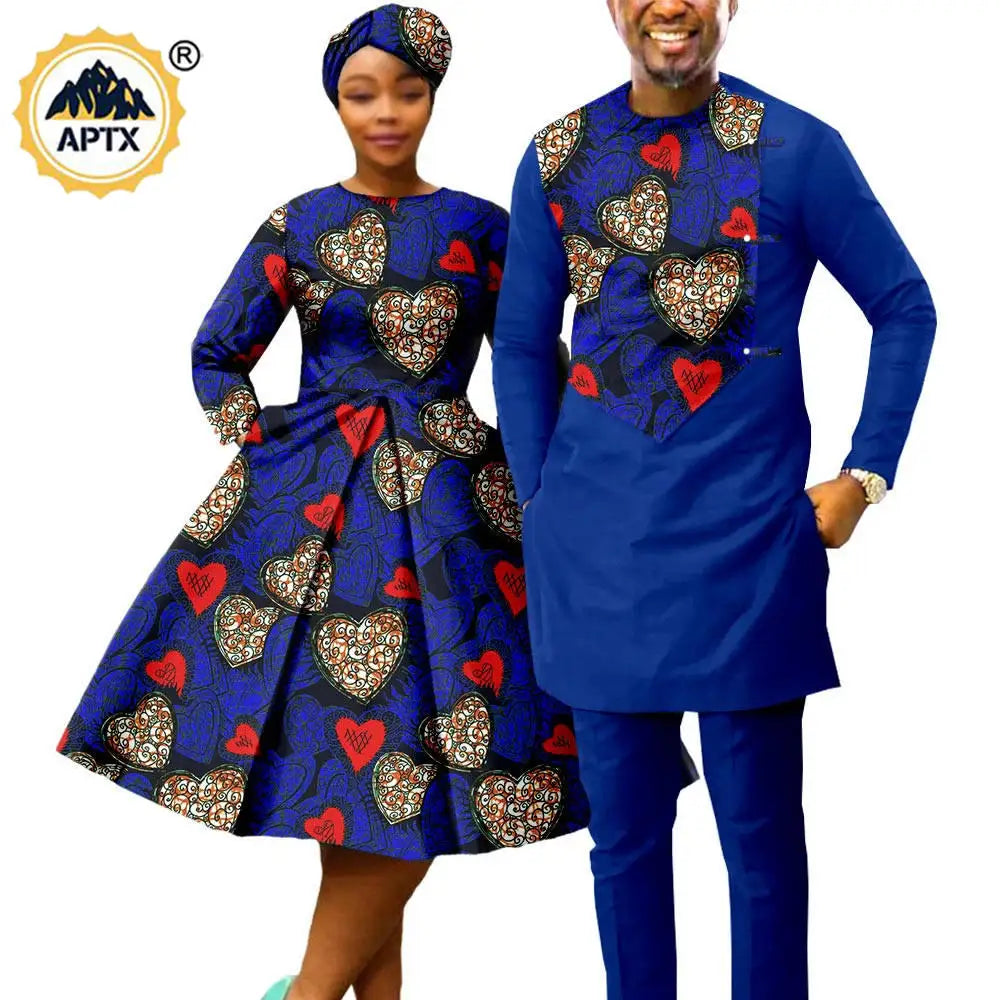 African Print Couples Clothing – Women’s Dress with Headwrap and Men’s Patchwork Top and Pants