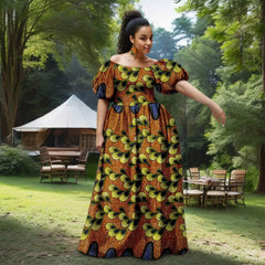 African Women’s Strapless Dress with Bubble Sleeves & Matching Earrings