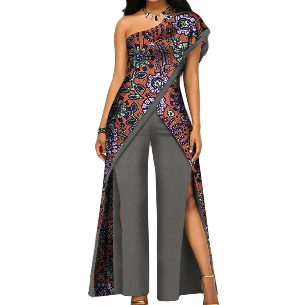 2PC African Women’s Ankara Pant Set – Stylish Off-Shoulder Top and Trousers