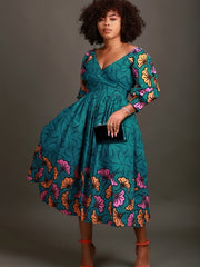 Women’s Plus Size Casual Floral V-Neck Dress – Fitted A-Line, Stretch Polyester, Spring/Fall Wear