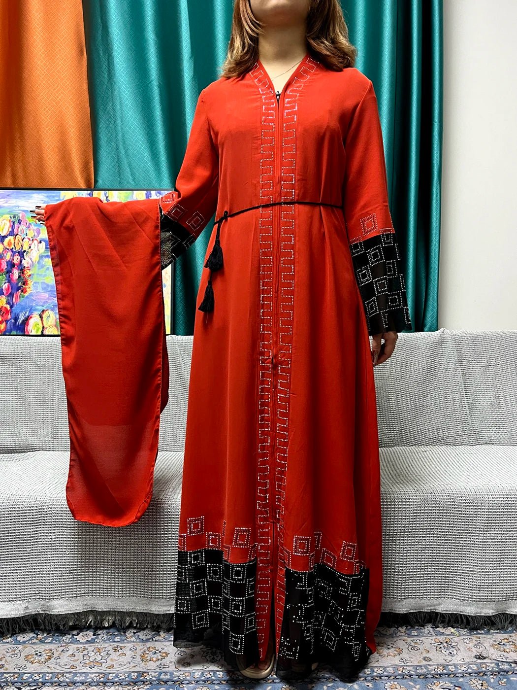 Abayas Chiffon Pure Chains Diamonds Loose Fit Femme Robe Caftan With Turban - Flexi Africa - Flexi Africa offers Free Delivery Worldwide - Vibrant African traditional clothing showcasing bold prints and intricate designs