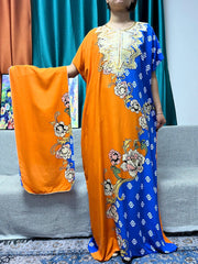 Abayas For Women Appliques Cotton Printed Floral Short Sleeves Loose Fit Femme Robe African Dresses With Turban - Flexi Africa - Flexi Africa offers Free Delivery Worldwide - Vibrant African traditional clothing showcasing bold prints and intricate designs
