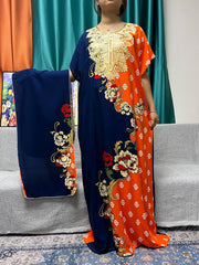 Abayas For Women Appliques Cotton Printed Floral Short Sleeves Loose Fit Femme Robe African Dresses With Turban - Flexi Africa - Flexi Africa offers Free Delivery Worldwide - Vibrant African traditional clothing showcasing bold prints and intricate designs