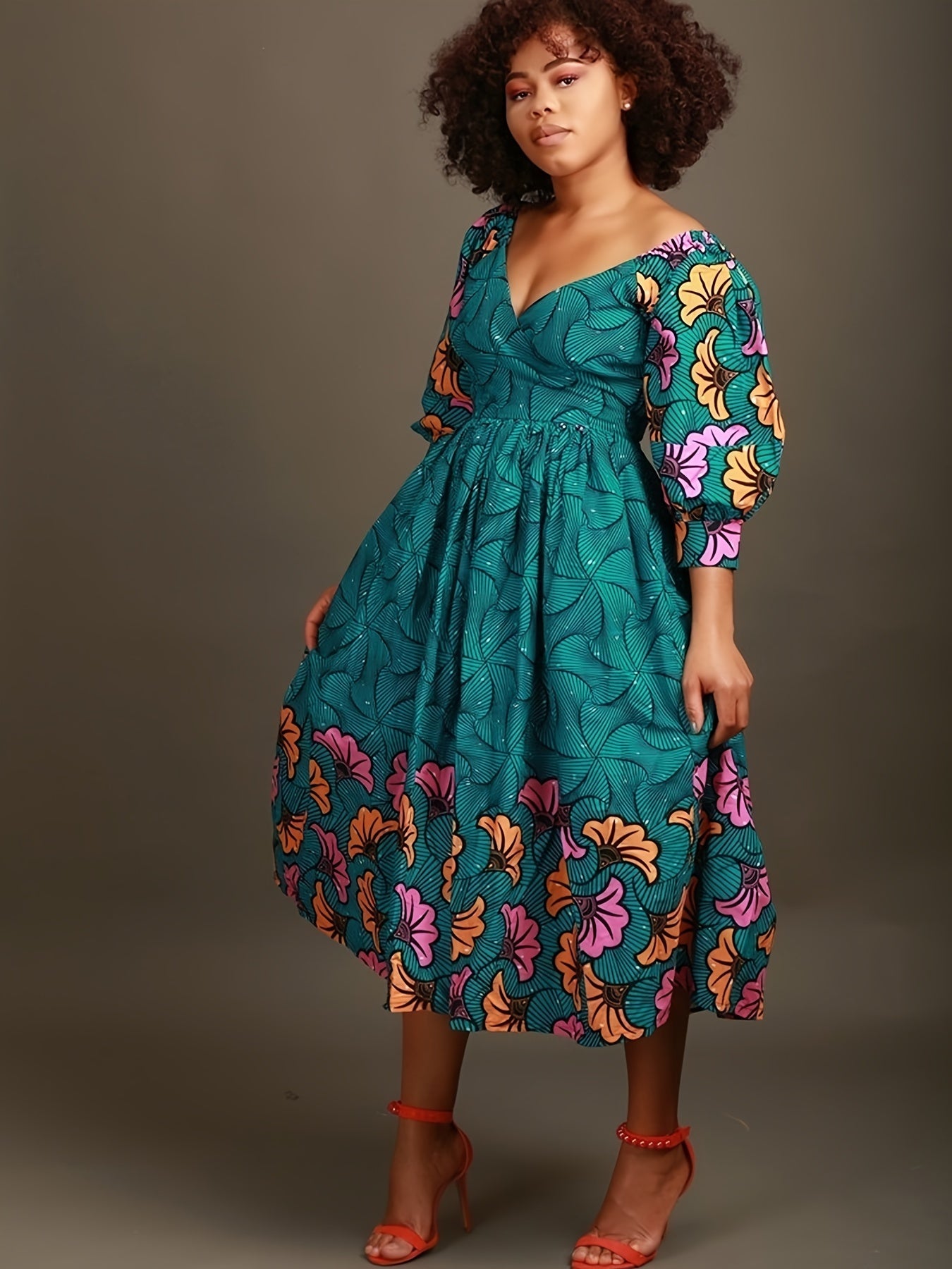 Women’s Plus Size Casual Floral V-Neck Dress – Fitted A-Line, Stretch Polyester, Spring/Fall Wear