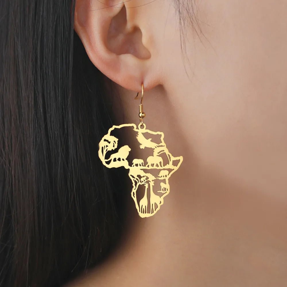 Africa Map Animal Earrings for Women Lions Elephant Monkey Giraffe Tree Stainless Steel African Jewelry - Flexi Africa - Flexi Africa offers Free Delivery Worldwide - Vibrant African traditional clothing showcasing bold prints and intricate designs