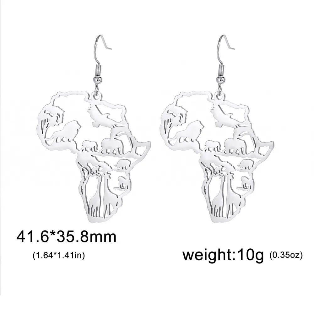Africa Map Animal Earrings for Women Lions Elephant Monkey Giraffe Tree Stainless Steel African Jewelry - Flexi Africa