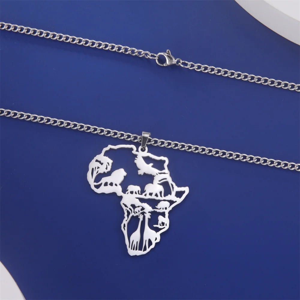 Africa Map Lion Elephant Monkey Giraffe Pendant Necklaces Stainless Steel Animal Chain Choker African Jewelry - Flexi Africa - Flexi Africa offers Free Delivery Worldwide - Vibrant African traditional clothing showcasing bold prints and intricate designs