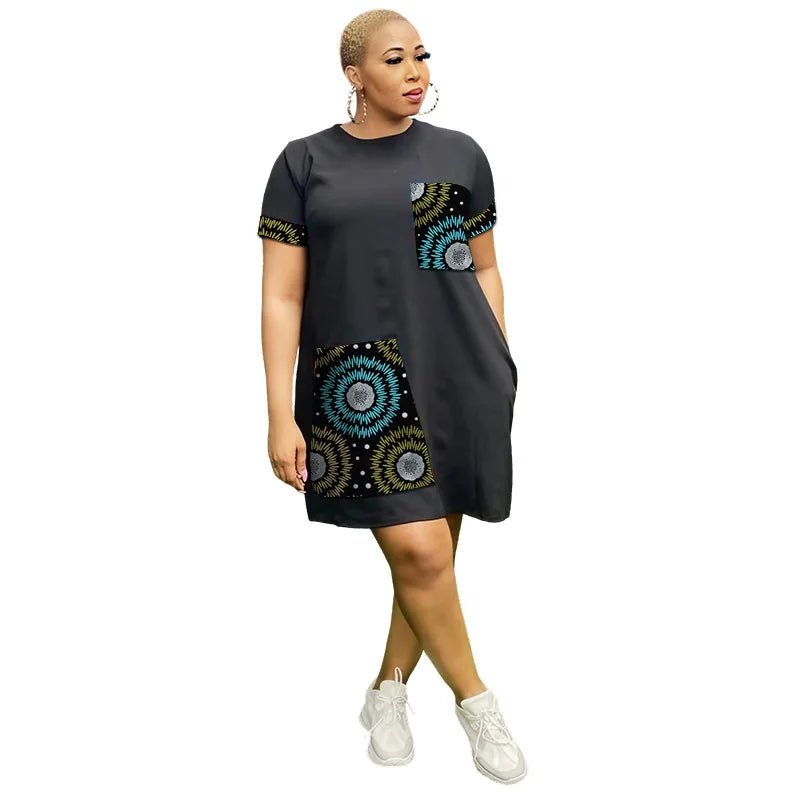 African Ankara Couture Black Dress for Women – O - Neck Short Sleeve Design - Free Delivery Worldwide only at Flexi Africa