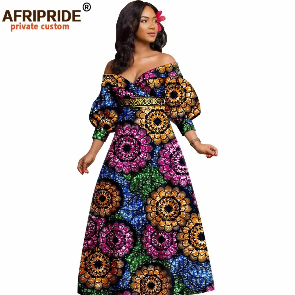 African Ankara Off Shoulder Maxi Dress – Deep V - Neck High Waist Long Dress - Free Delivery Worldwide only at Flexi Africa