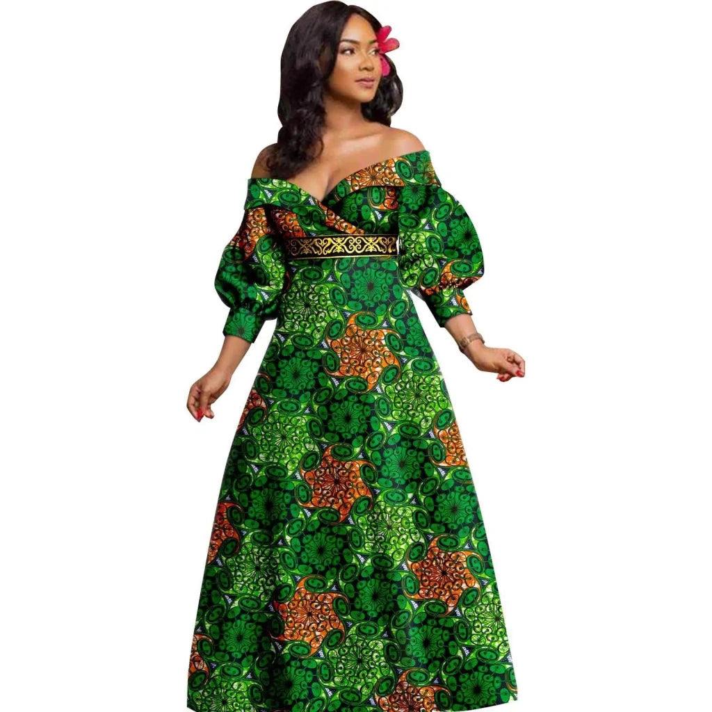 African Ankara Off Shoulder Maxi Dress – Deep V - Neck High Waist Long Dress - Free Delivery Worldwide only at Flexi Africa