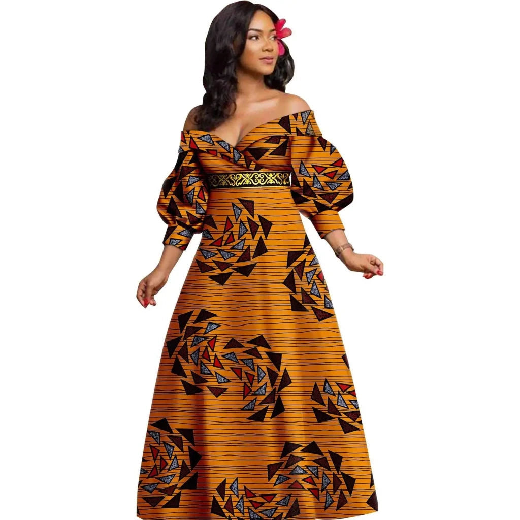 African Ankara Off Shoulder Maxi Dress – Deep V - Neck High Waist Long Dress - Free Delivery Worldwide only at Flexi Africa