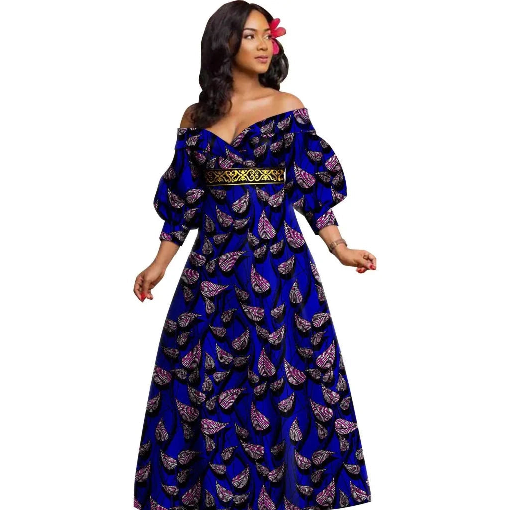 African Ankara Off Shoulder Maxi Dress – Deep V - Neck High Waist Long Dress - Free Delivery Worldwide only at Flexi Africa