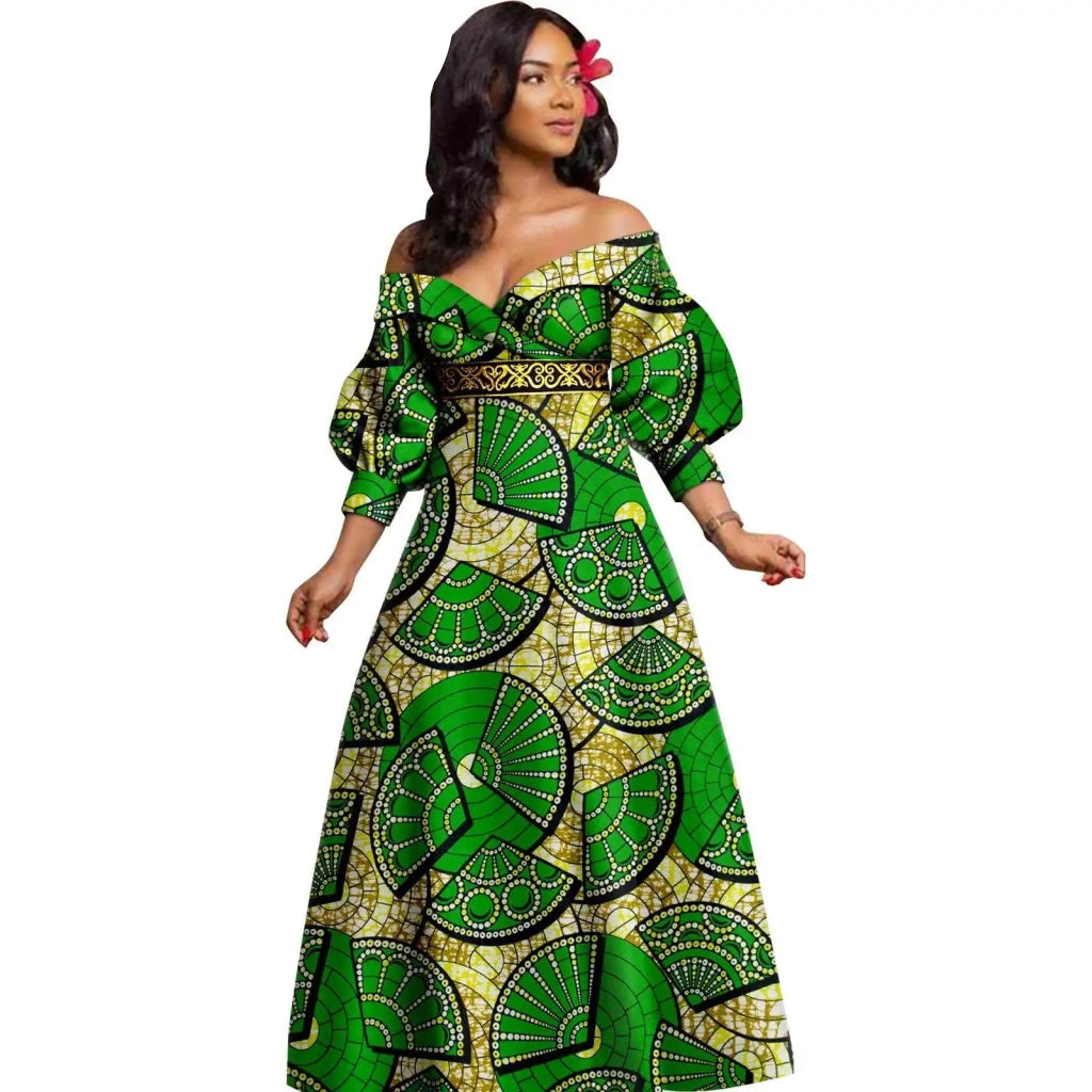 African Ankara Off Shoulder Maxi Dress – Deep V - Neck High Waist Long Dress - Free Delivery Worldwide only at Flexi Africa