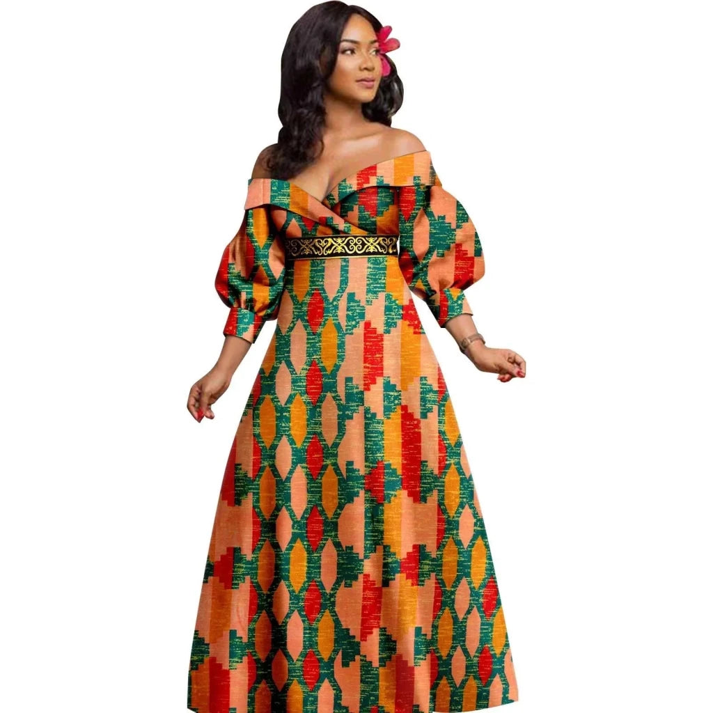 African Ankara Off Shoulder Maxi Dress – Deep V - Neck High Waist Long Dress - Free Delivery Worldwide only at Flexi Africa