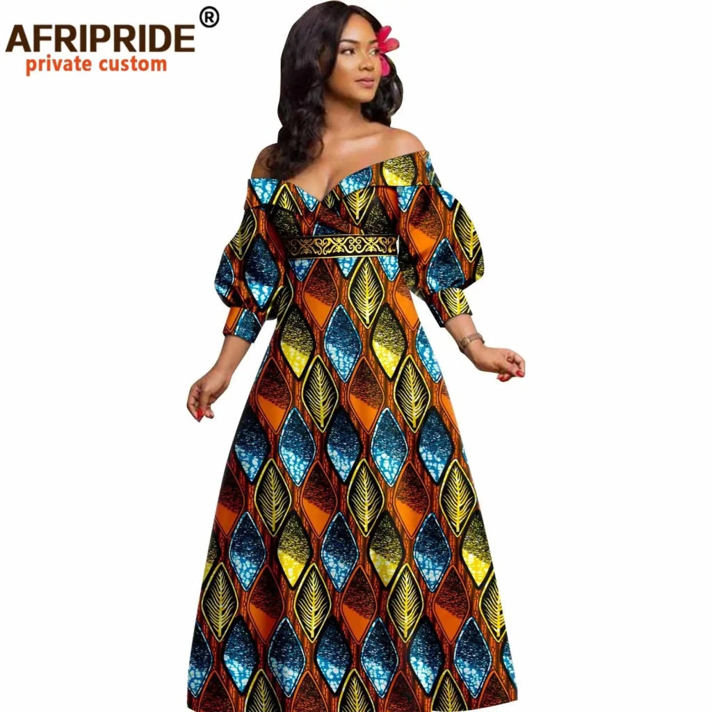 African Ankara Off Shoulder Maxi Dress – Deep V - Neck High Waist Long Dress - Free Delivery Worldwide only at Flexi Africa