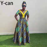 African Ankara Patchwork A - Line Dress – Women’s V - Neck Short Sleeve Party Dress with Headscarf - Free Delivery Worldwide only at Flexi Africa