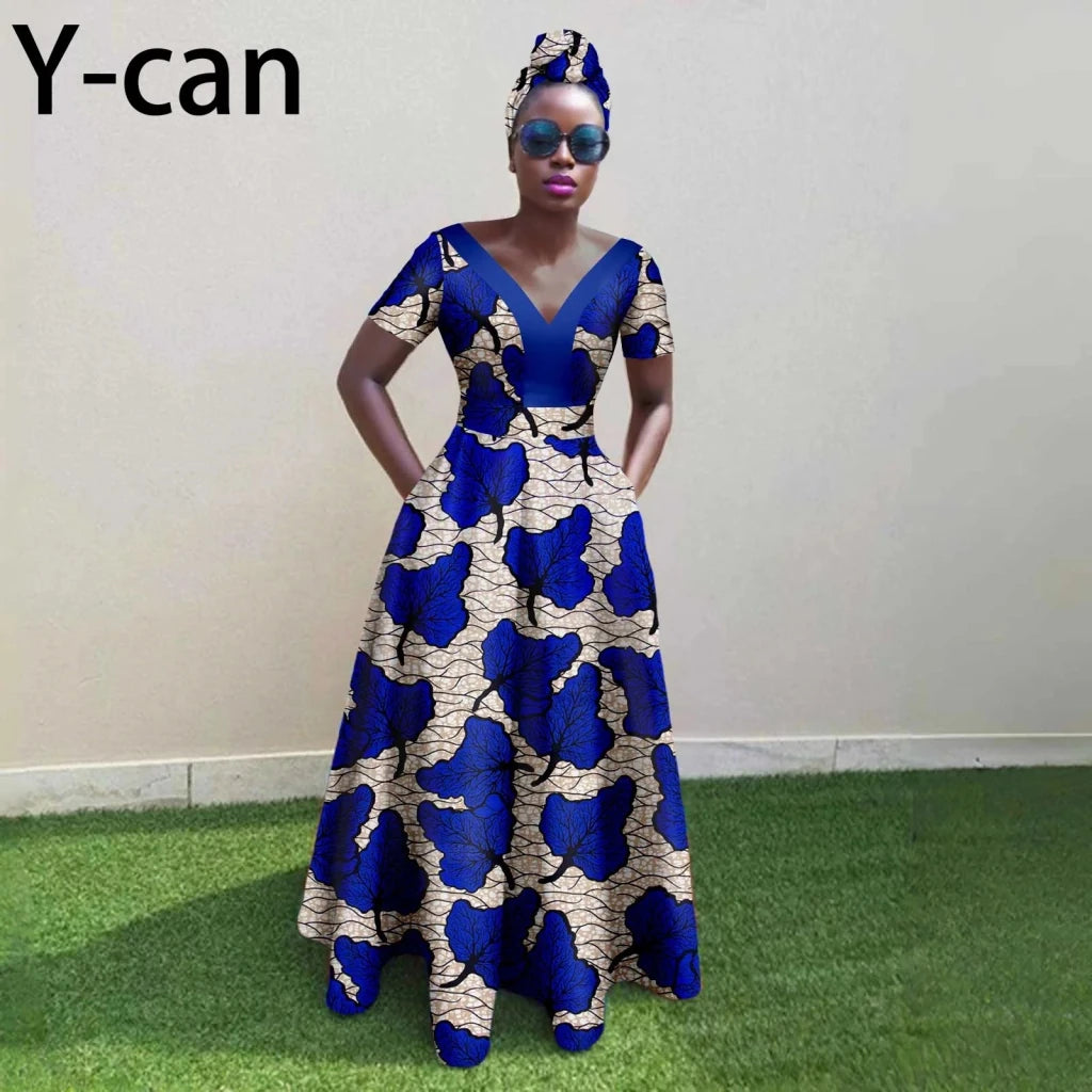 African Ankara Patchwork A - Line Dress – Women’s V - Neck Short Sleeve Party Dress with Headscarf - Free Delivery Worldwide only at Flexi Africa