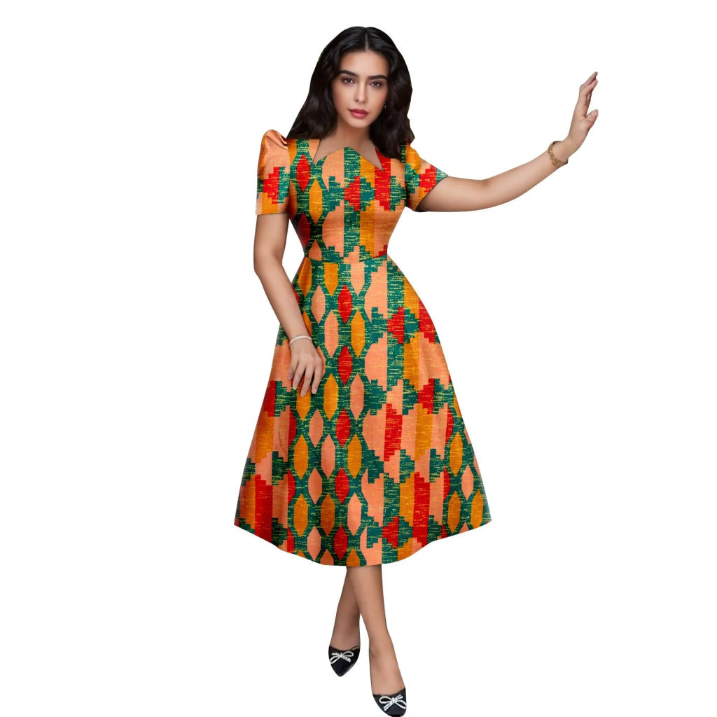 Buy African Print Collar Mid-Calf Dress – Short Sleeve Elegant Party & Casual Wear for only $56.54 at Flexi Africa!