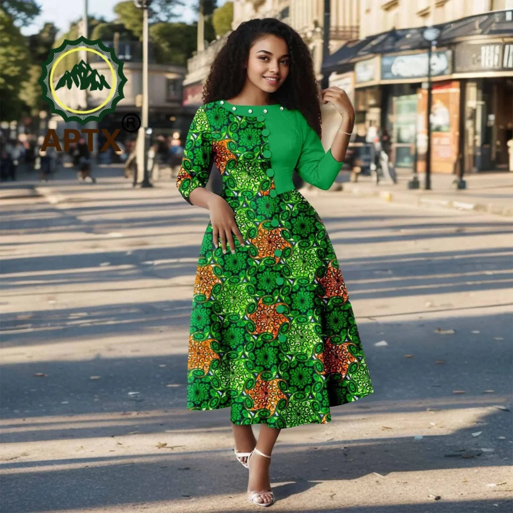 African Ankara Print Dress for Women – O - Neck Three - Quarter Sleeve Mid - Calf Dashiki Dress - Free Delivery Worldwide only at Flexi Africa
