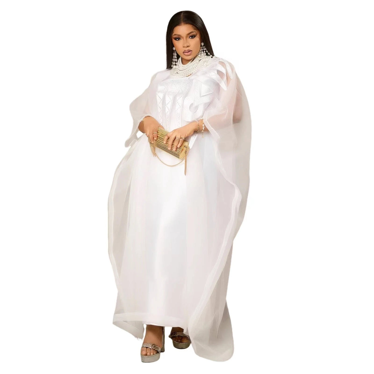 African Attire For Women White Abaya Embroidery Plus Size Elegant Party Church Dress - Free Delivery Worldwide only at Flexi Africa