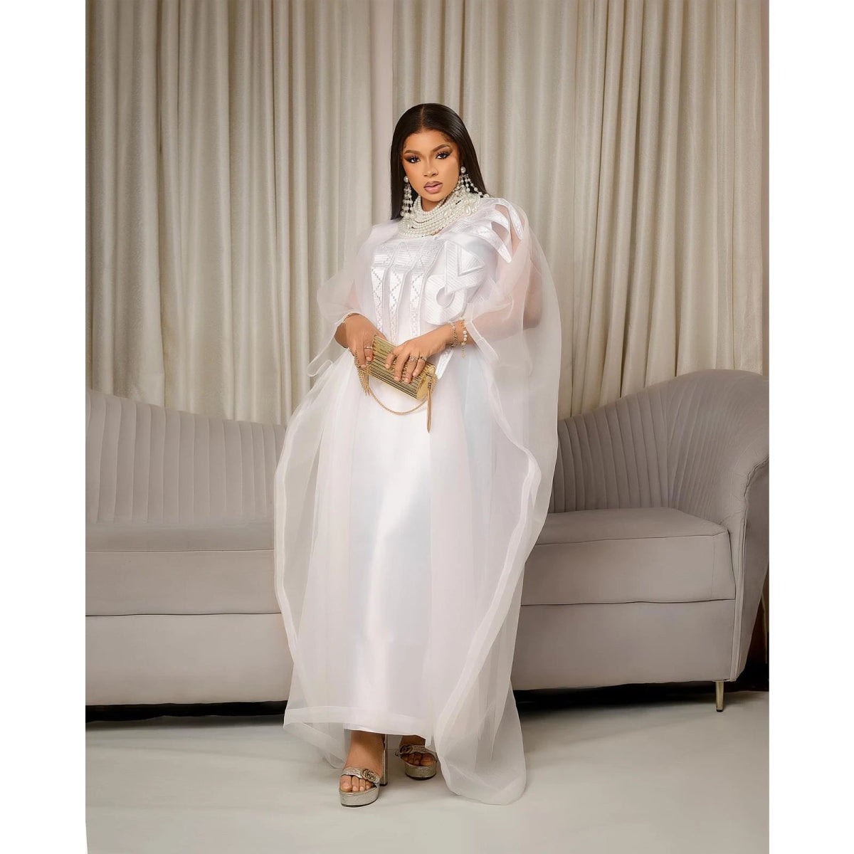 African Attire For Women White Abaya Embroidery Plus Size Elegant Party Church Dress - Free Delivery Worldwide only at Flexi Africa