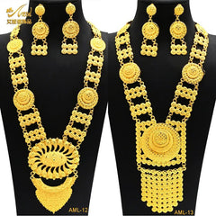 African Bridal Wedding Party Jewelry Set: Gold-Colored Necklace, Earrings, and Big Pendant Ensemble - Flexi Africa - Flexi Africa offers Free Delivery Worldwide - Vibrant African traditional clothing showcasing bold prints and intricate designs