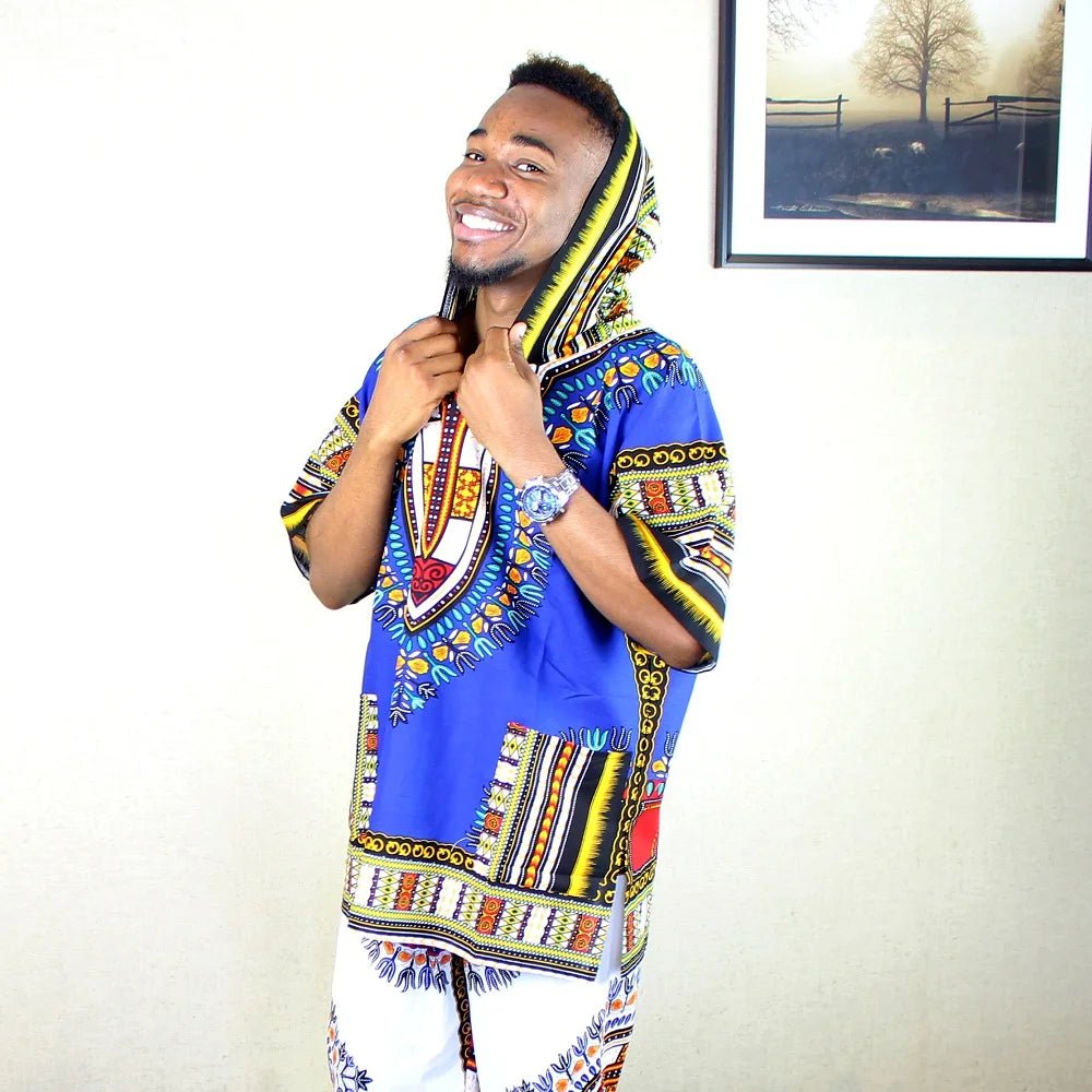 African Classic Dashiki with Pockets Mens Blue Printed Dashiki Hoodie - Flexi Africa - Free Delivery Worldwide only at www.flexiafrica.com