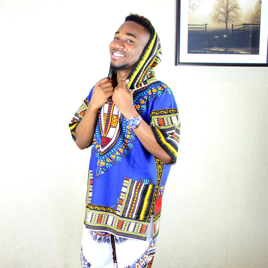 African Classic Dashiki with Pockets Mens Blue Printed Dashiki Hoodie - Free Delivery Worldwide only at Flexi Africa