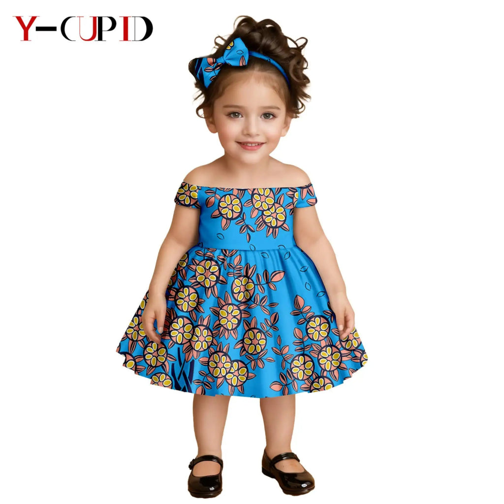 African Clothes for Kids Girls – Ankara Print Slash Neck Party Dress with Bow Headband - Free Delivery Worldwide only at Flexi Africa