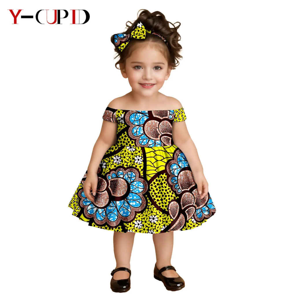 African Clothes for Kids Girls – Ankara Print Slash Neck Party Dress with Bow Headband - Free Delivery Worldwide only at Flexi Africa