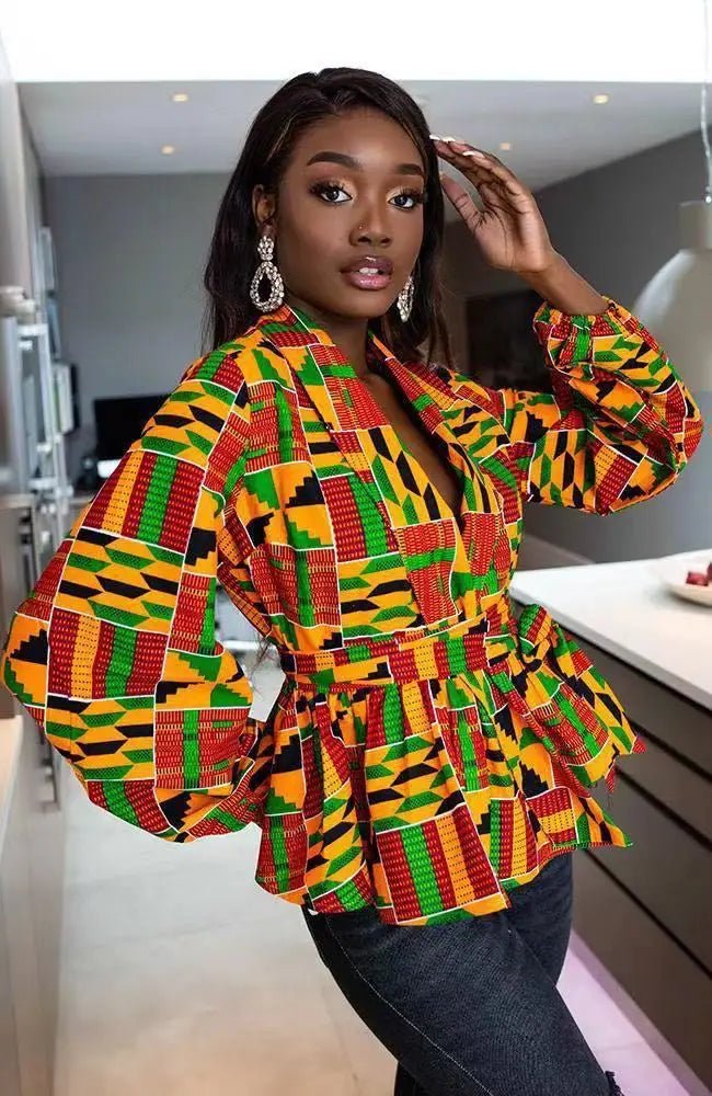 African Clothes for Women 2024 Summer African Women V - neck Polyester Printing Long Sleeve T-shirt Women Top African Clothing - Free Delivery Worldwide only at Flexi Africa