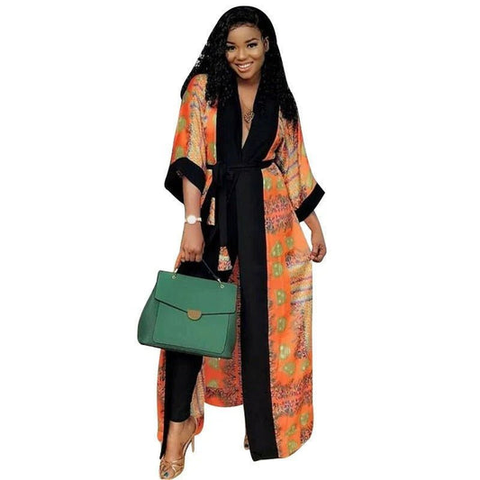 African Clothes Print Jacket Coat Robe with Belt Dashiki Autumn Casual Long Jacket Top - Free Delivery Worldwide only at Flexi Africa