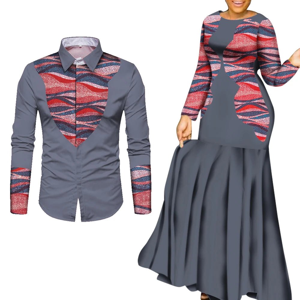 African Couple Matching Outfits – Elegant Lovers’ Traditional Clothing Set, Men’s Shirt & Women’s Long Maxi Dress - Free Delivery Worldwide only at Flexi Africa