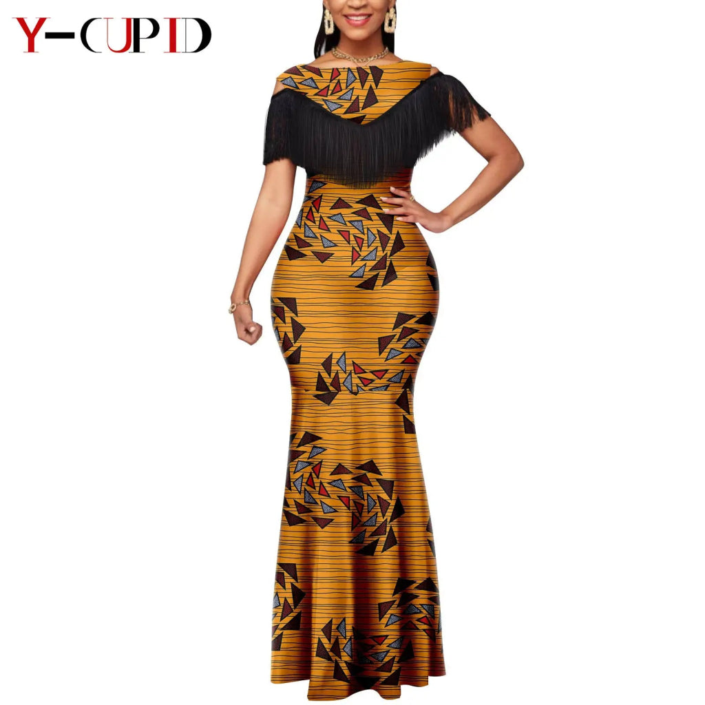 African Dashiki Bazin Riche Long Dress for Women – Slim Tassel Print Matching Couple Party Outfit - Free Delivery Worldwide only at Flexi Africa