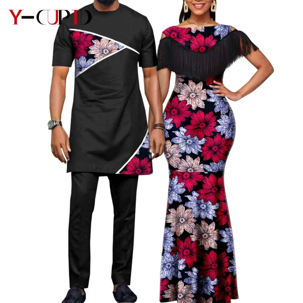 African Dashiki Bazin Riche Long Dress for Women – Slim Tassel Print Matching Couple Party Outfit - Free Delivery Worldwide only at Flexi Africa