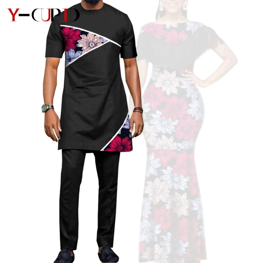 African Dashiki Bazin Riche Long Dress for Women – Slim Tassel Print Matching Couple Party Outfit - Free Delivery Worldwide only at Flexi Africa