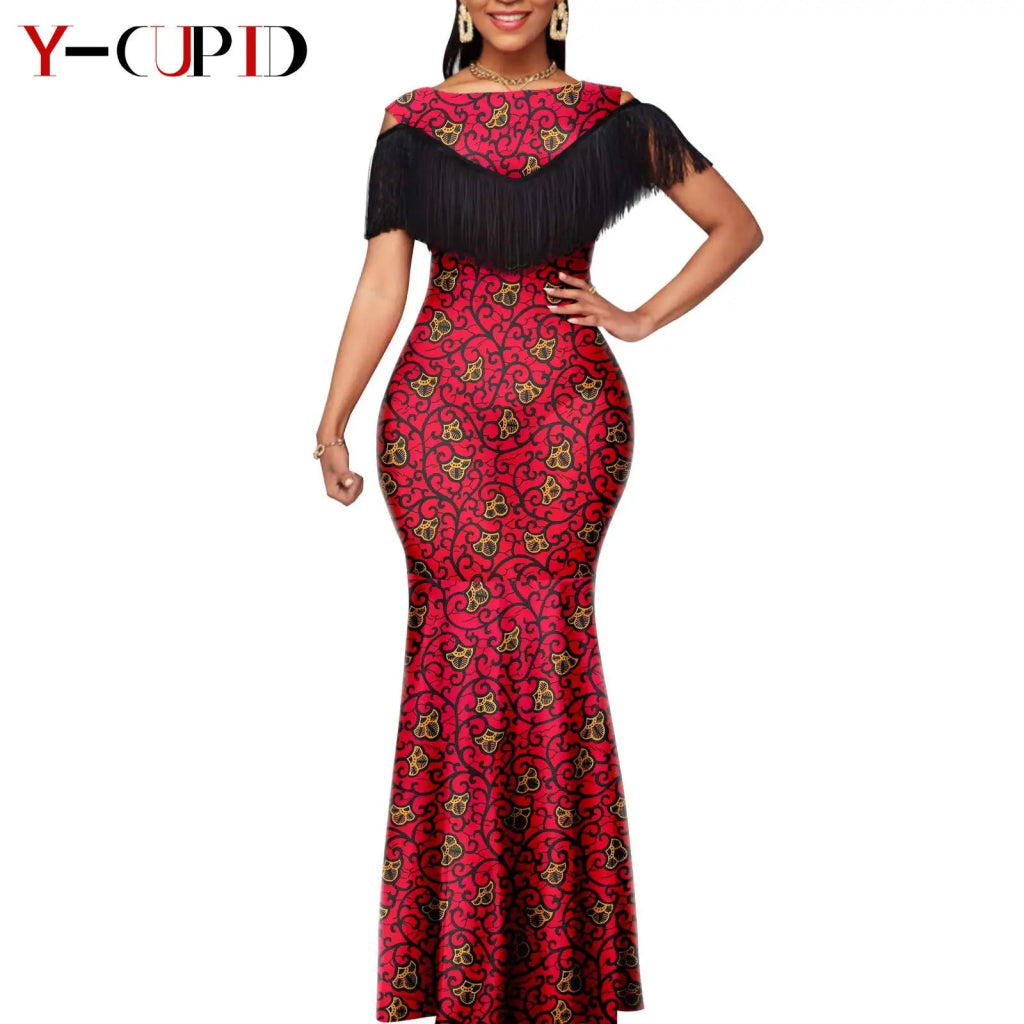 African Dashiki Bazin Riche Long Dress for Women – Slim Tassel Print Matching Couple Party Outfit - Free Delivery Worldwide only at Flexi Africa