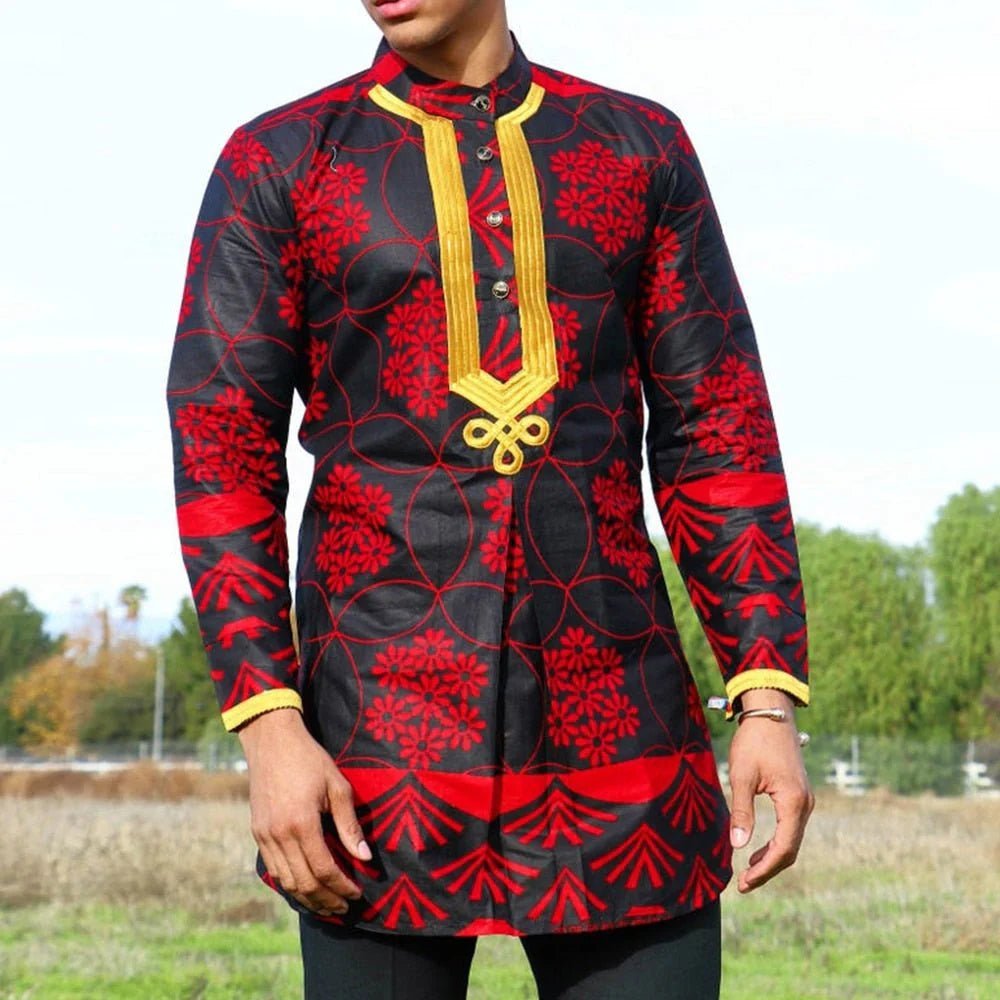 African Dashiki Dress Shirt: Red Floral Print Men's Fashion for Hip Hop Streetwear with Traditional Vibes - Free Delivery Worldwide only at Flexi Africa