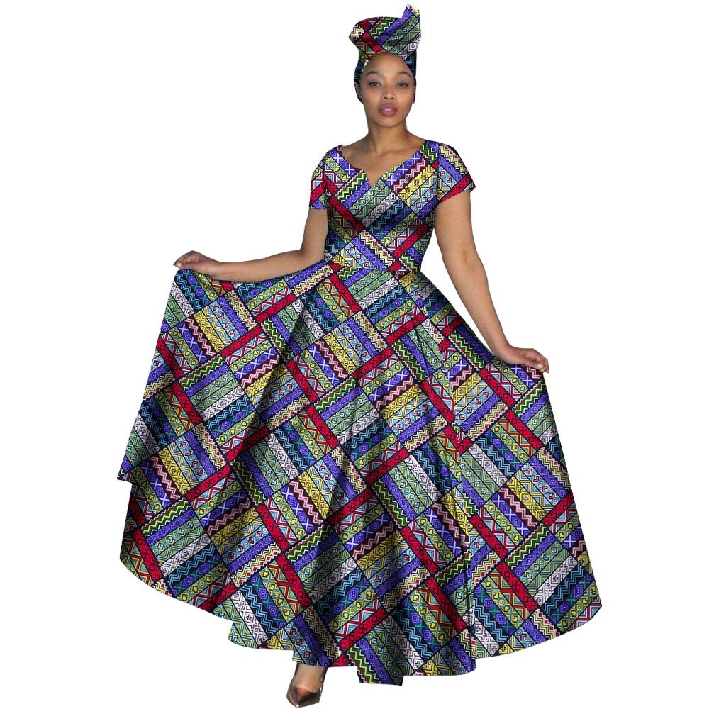 African Dashiki Women’s Maxi Dress – Ankara Print V - Neck Long Dress with Head Scarf - Free Delivery Worldwide only at Flexi Africa